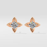 Pair of rose gold diamond earrings with clear gemstones on a light gray background