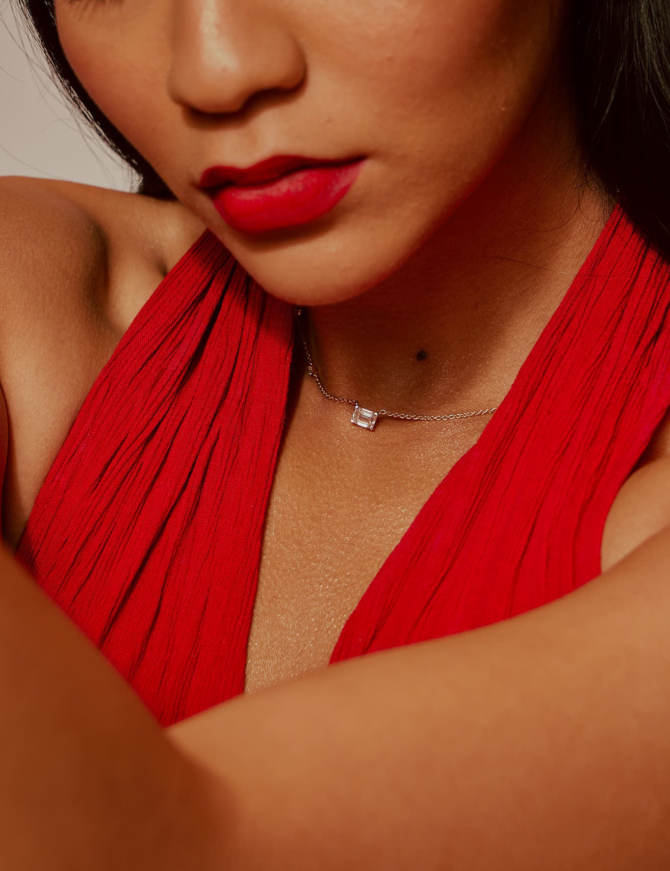 Model Wearing Emra Accented Solitaire Necklace House of Quadri