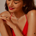 Model Wearing Askew 2 Stone Solitaire Necklace With Drops