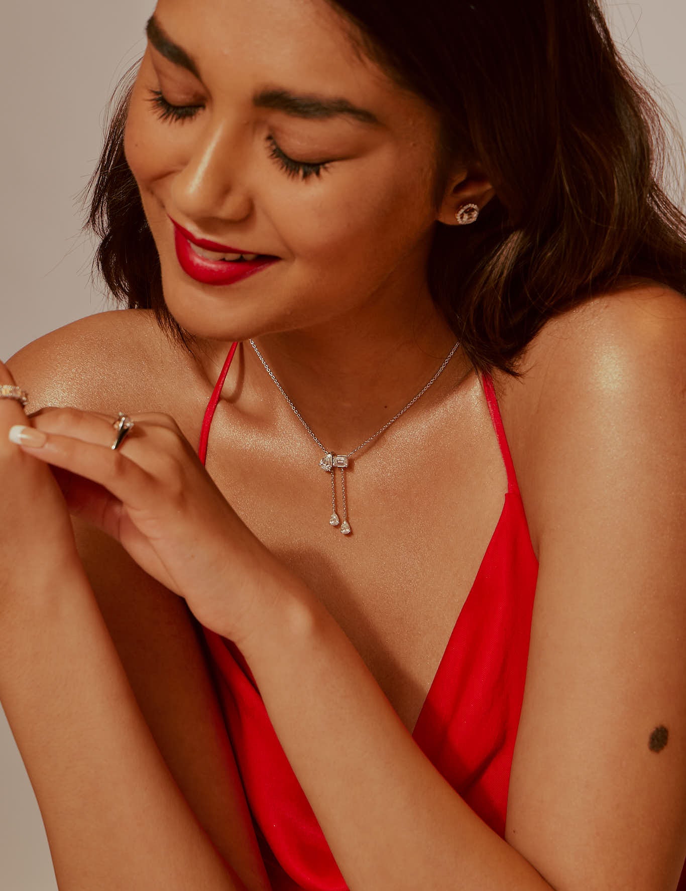 Model Wearing Askew 2 Stone Solitaire Necklace With Drops