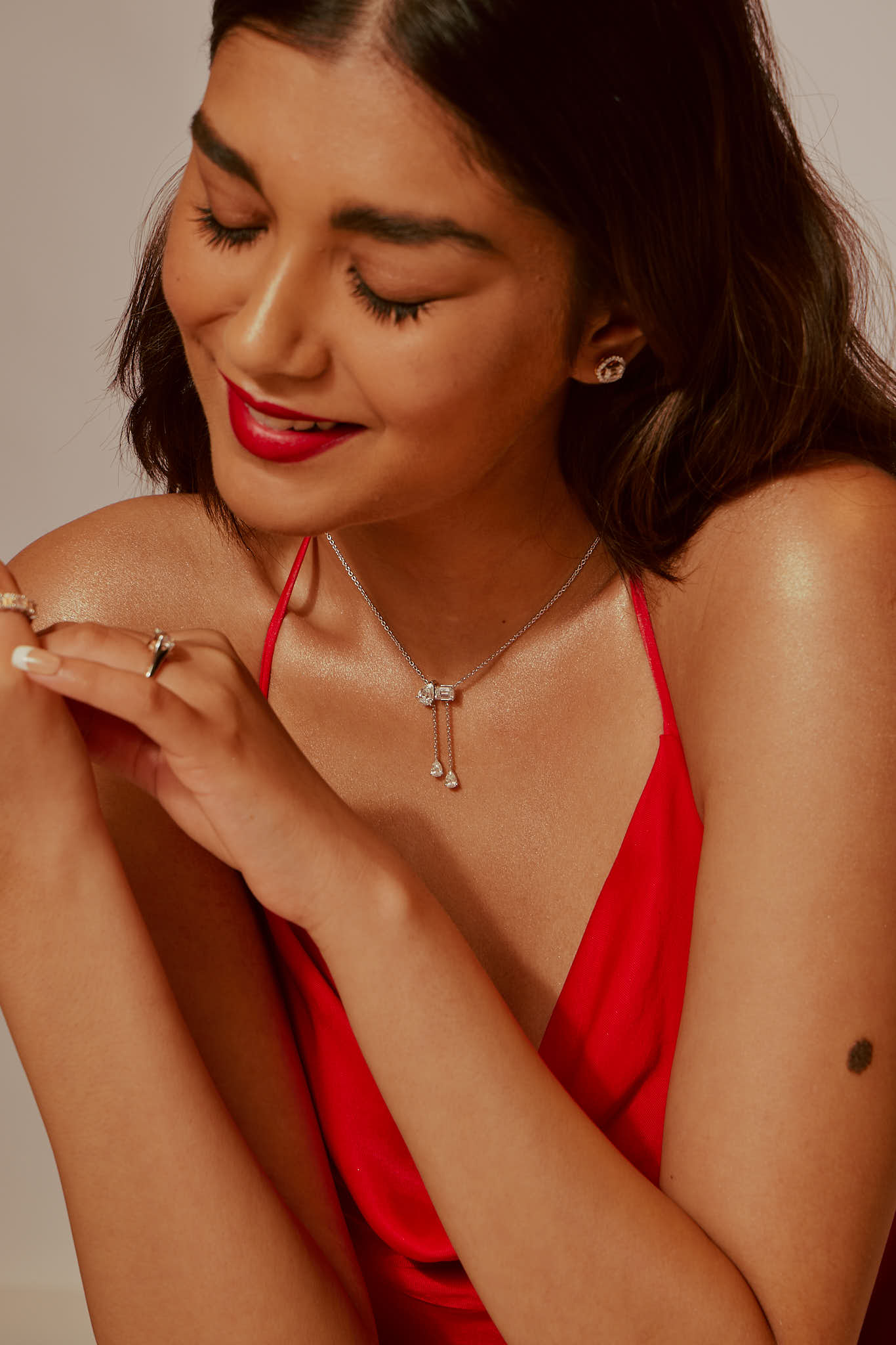 Model Wearing Askew 2 Stone Solitaire Necklace With Drops