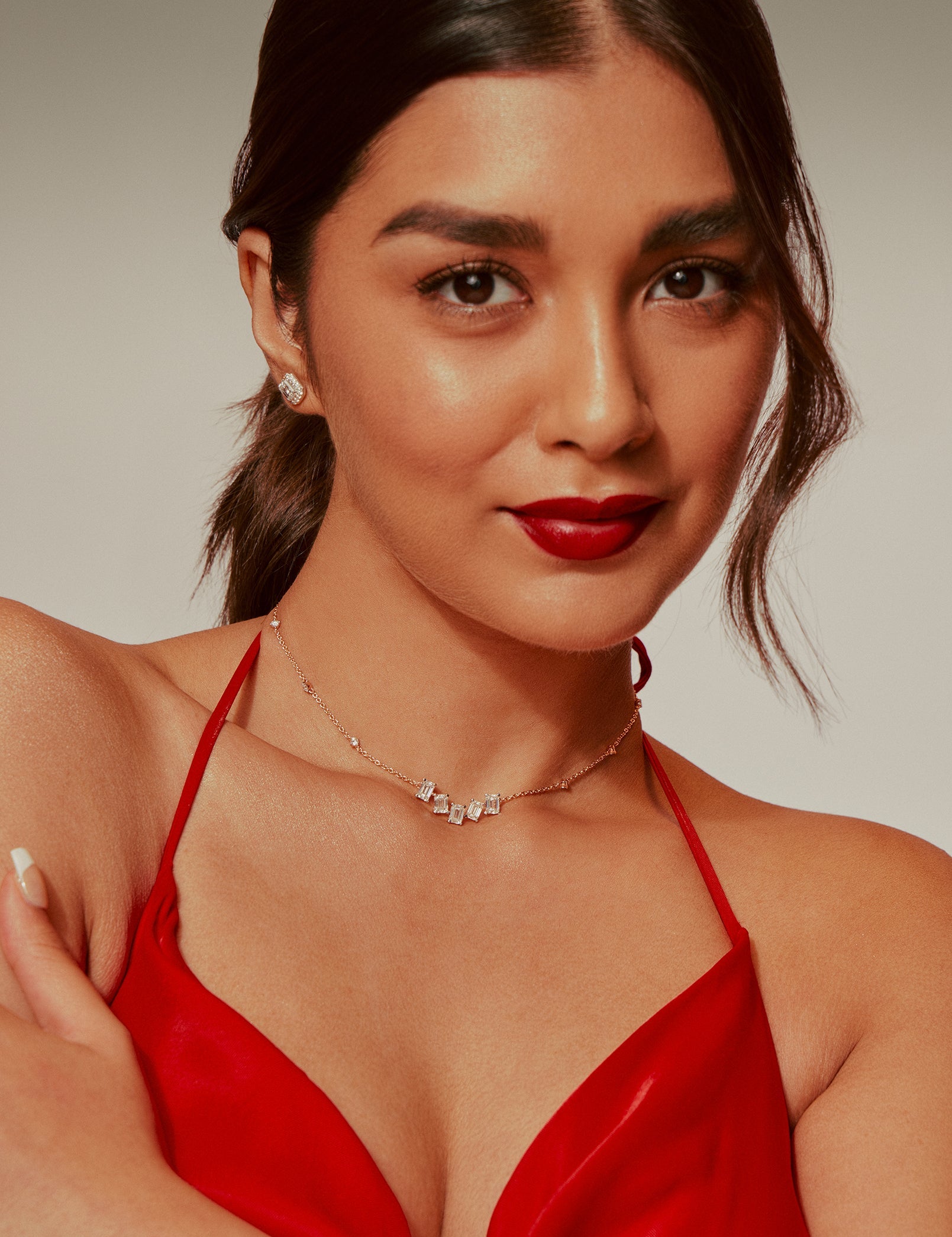 Model Wearing Emra 5 Stone Unity Necklace House of Quadri