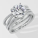 Silver ring with a large lab grown diamond on a white background