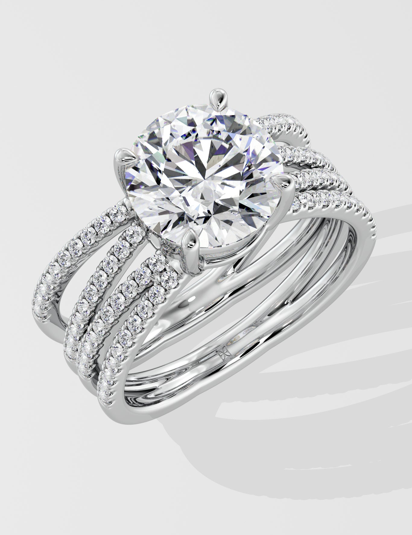 Silver ring with a large lab grown diamond on a white background