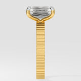 Diamond ring with a unique design on a white background