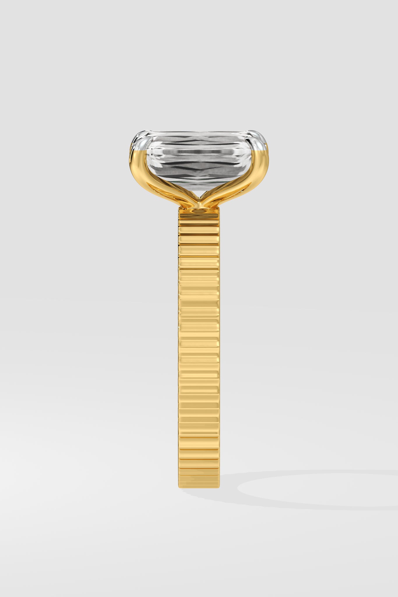 Diamond ring with a unique design on a white background