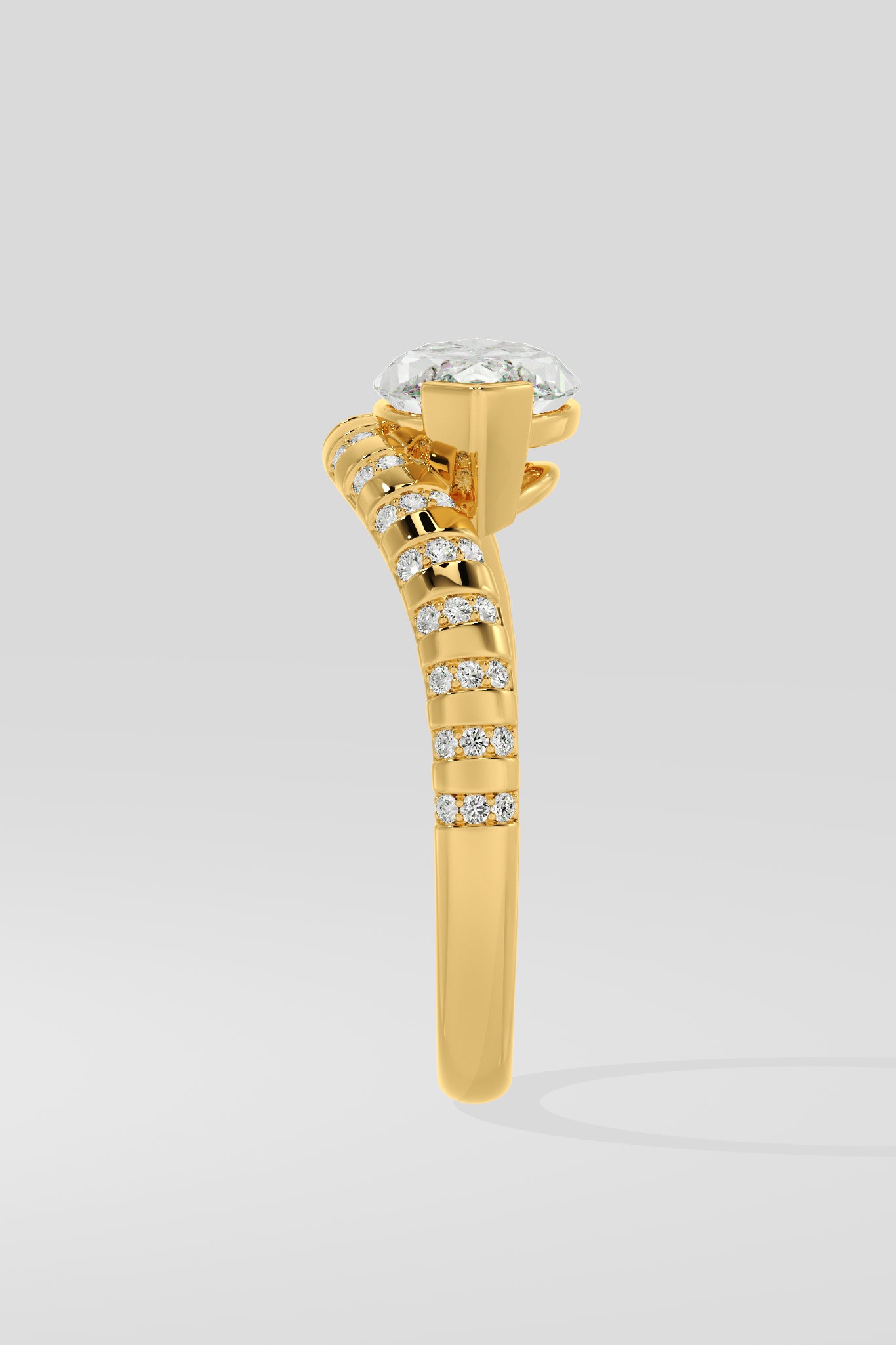 Diamond ring with embedded diamonds on a light gray background