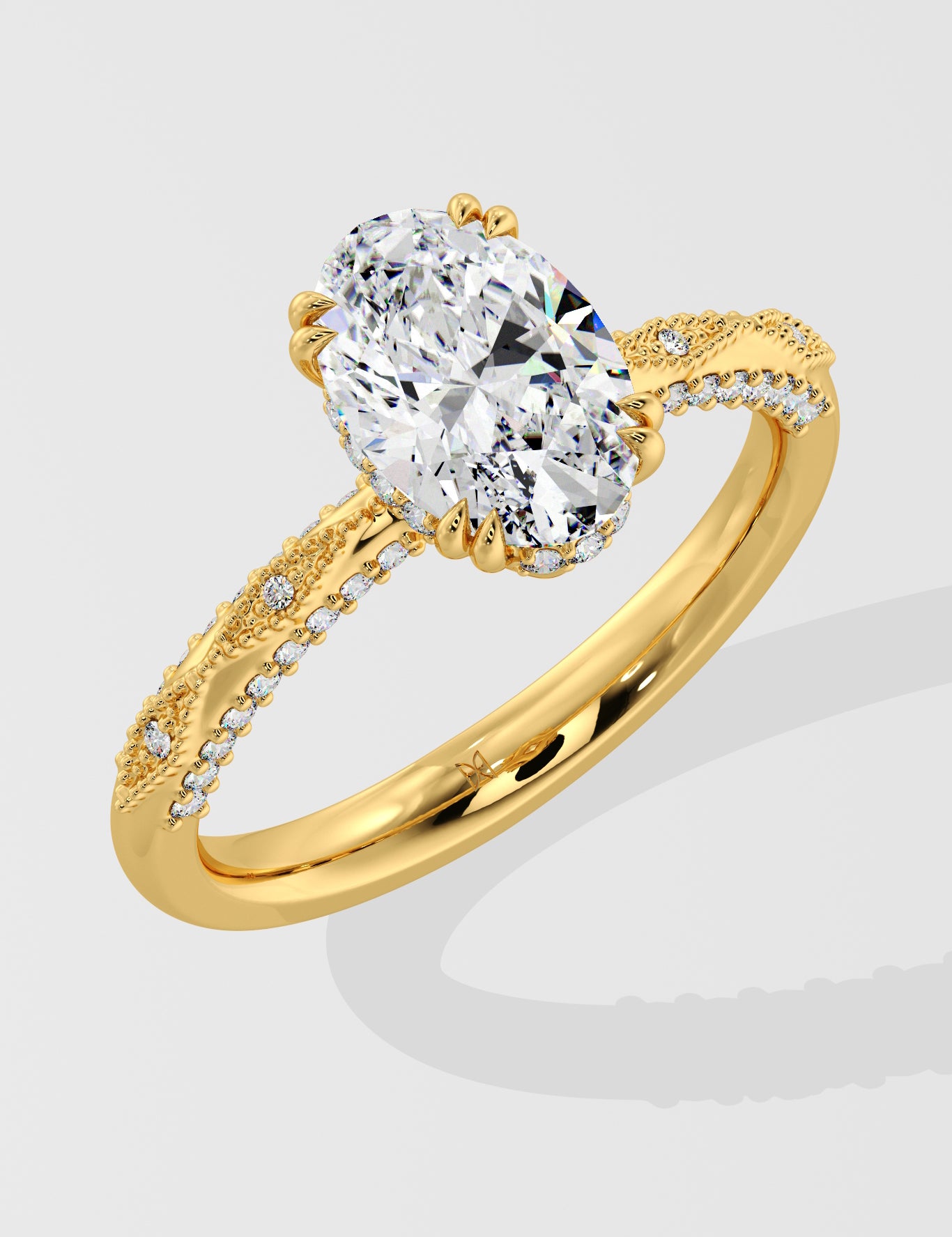 Diamond ring with a large diamond on a light gray background