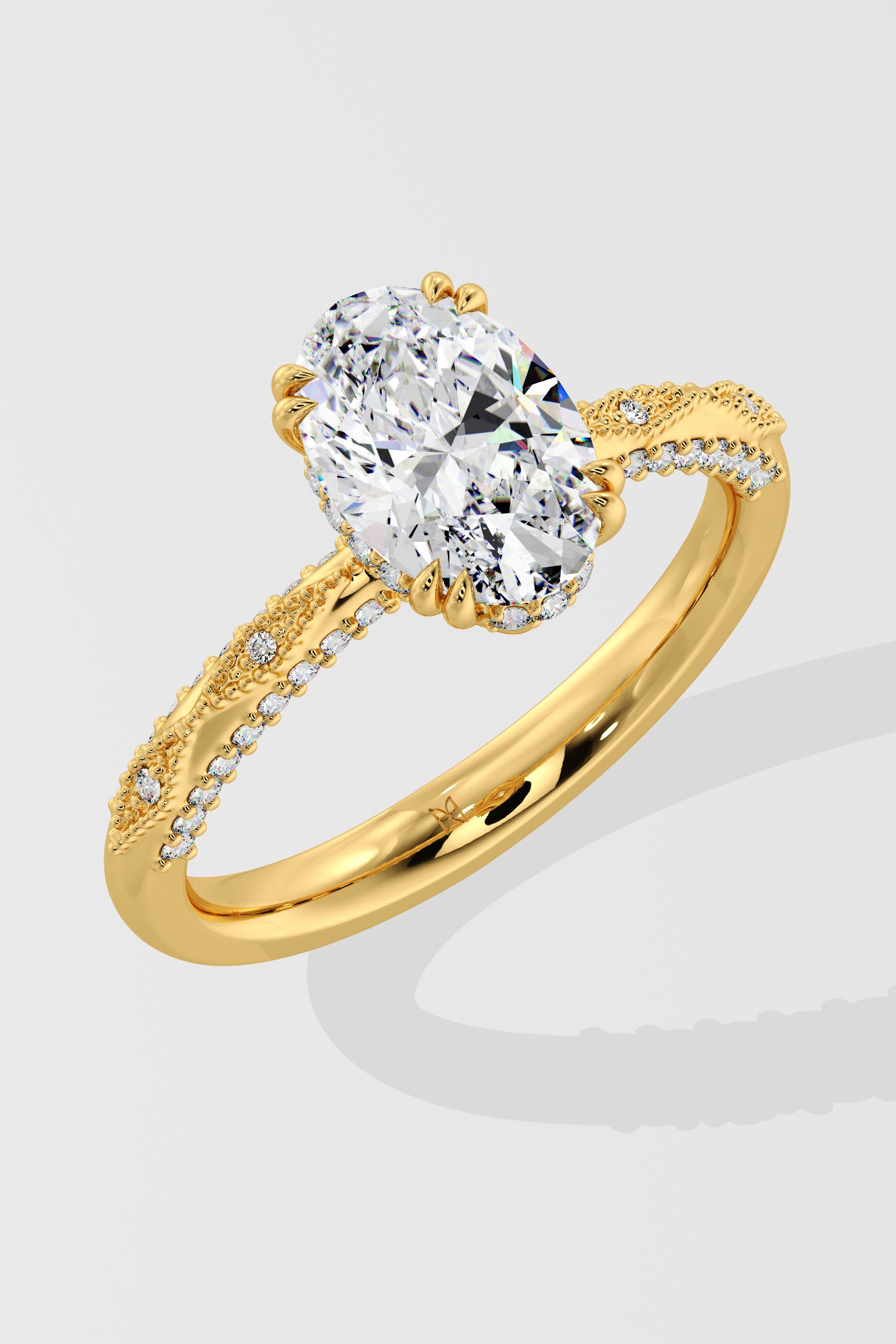 Diamond ring with a large diamond on a light gray background