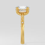 Diamond ring with a large diamond on a light gray background