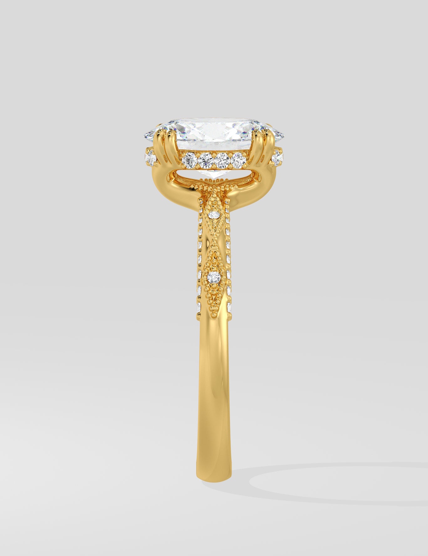 Diamond ring with a large diamond on a light gray background