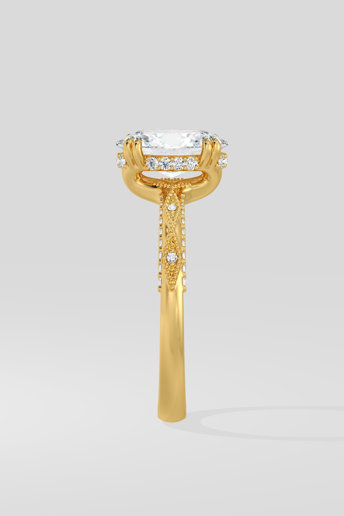 Diamond ring with a large diamond on a light gray background