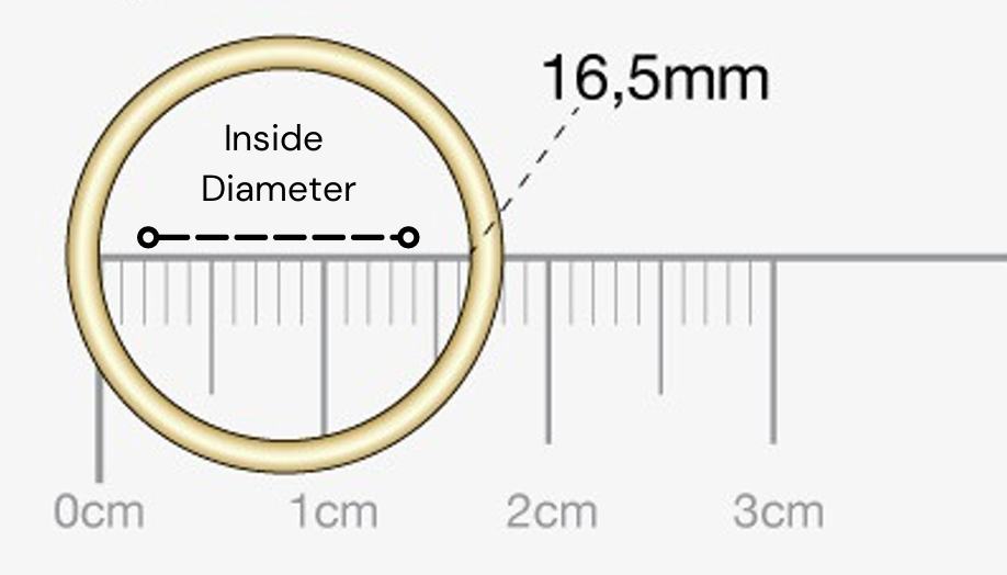 Measure across the inside of the ring, excluding the metal band. This example shows an inner diameter of 16.5 mm.
